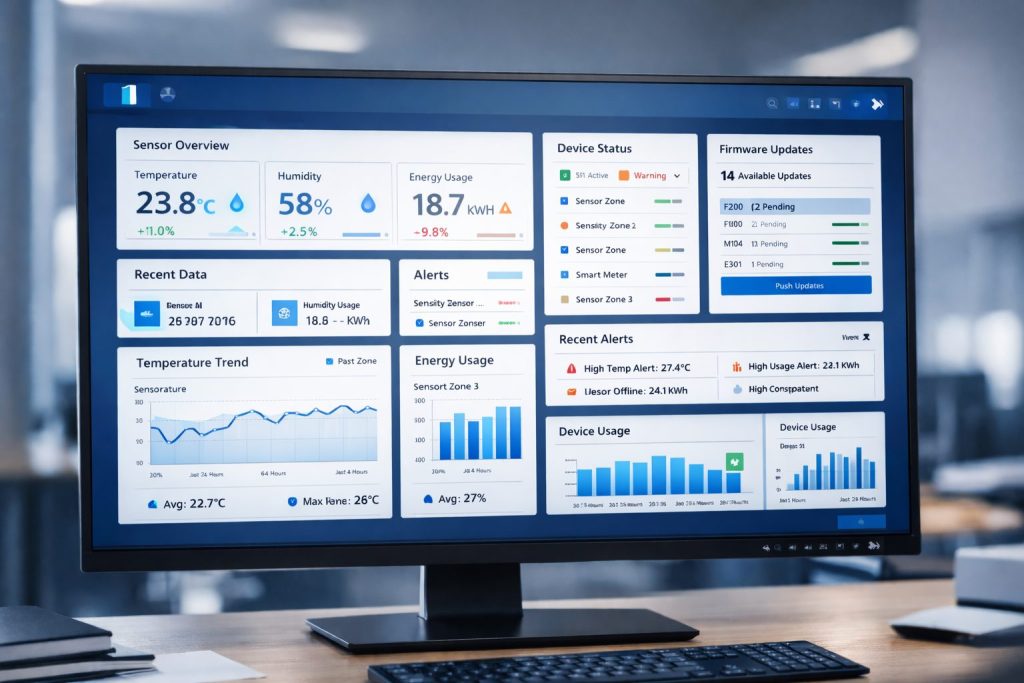 LoRaWan Sensor professional IoT platform dashboard showing multiple device management panels, including sensor analytics, device status overview, alerts, firmware updates